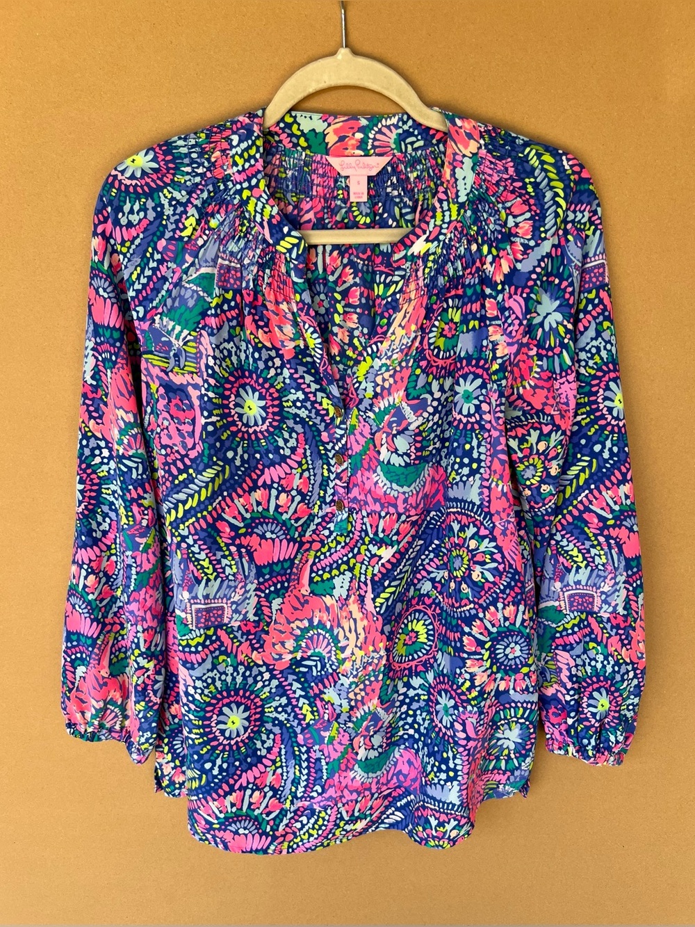 Lilly Pulitzer Elsa 100% Silk Popover Blouse Tropical Flamingo Paisley Print